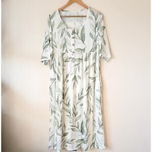 Unbranded Leaf Print Dress With Pockets Wood Button Accents